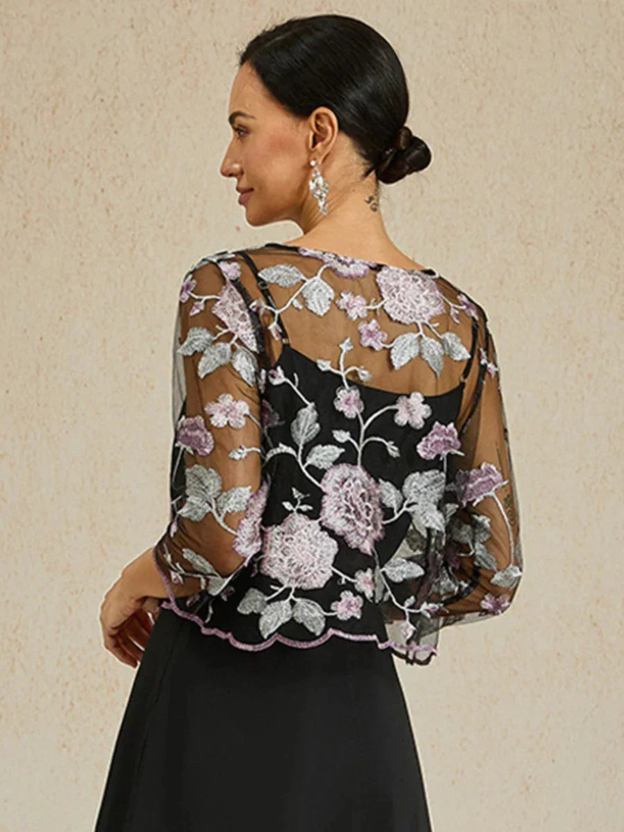 Floral Embroidered Lace Jacket With Scallop Detail