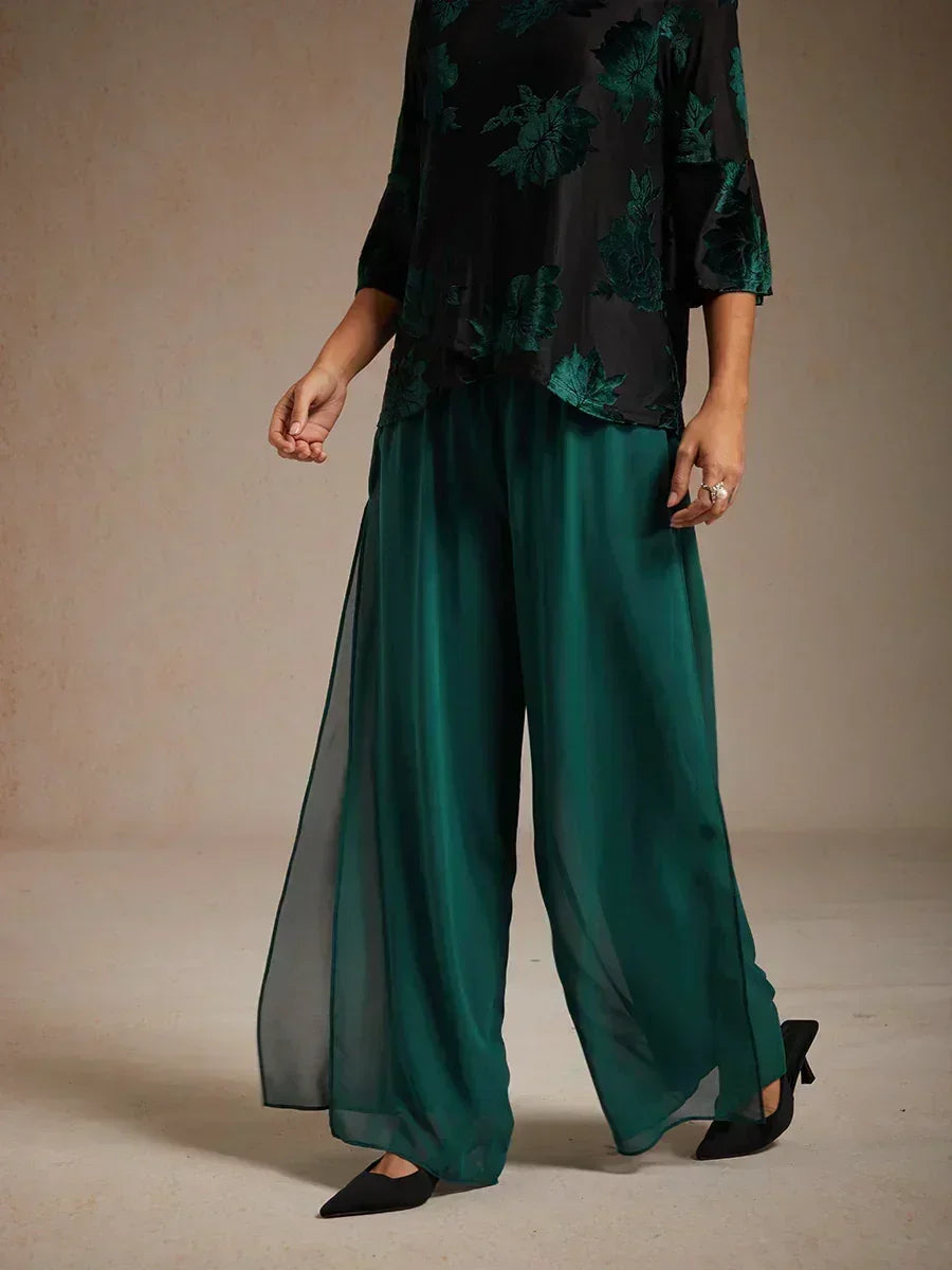 Lace Straight Leg Pant With Chiffon Split Leg Overlay