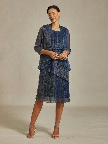 Metallic Pleated Chiffon Long Jacket with Layered Design