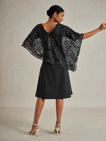 Sequin Knee Length V Neck Overlay Dress