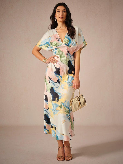 Satin Tie Dye Marble Print Maxi Dress
