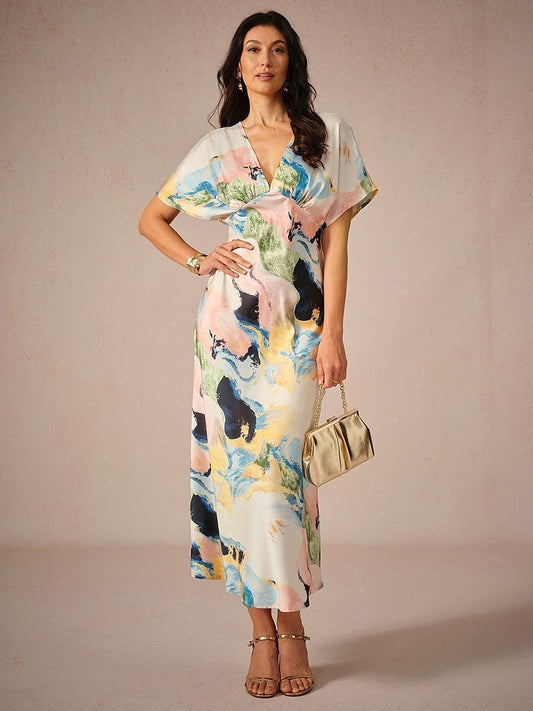 Satin Tie Dye Marble Print Maxi Dress