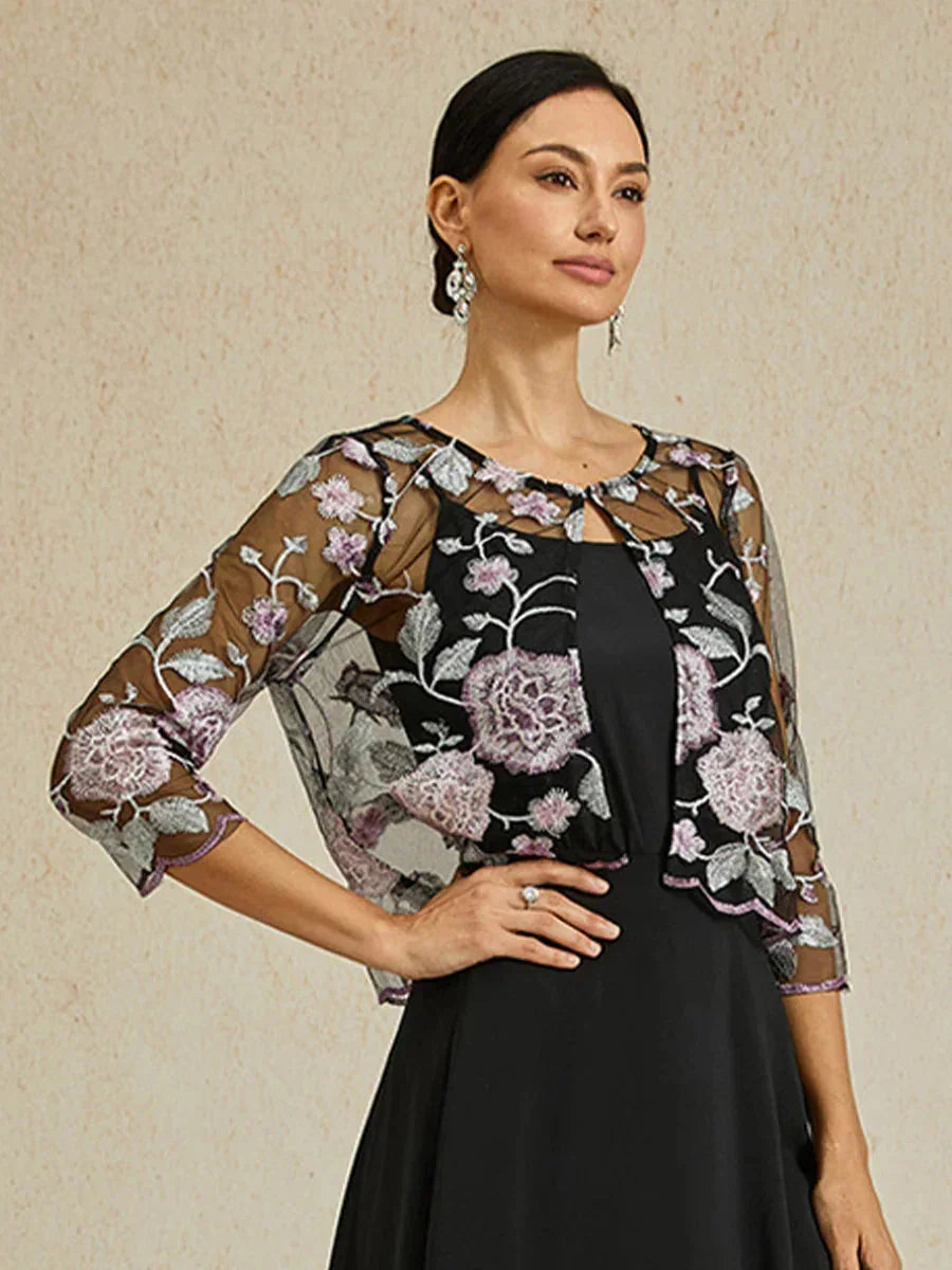 Floral Embroidered Lace Jacket With Scallop Detail