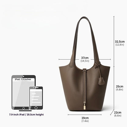 Textured Genuine Leather Tote Bag with Gold Buckle