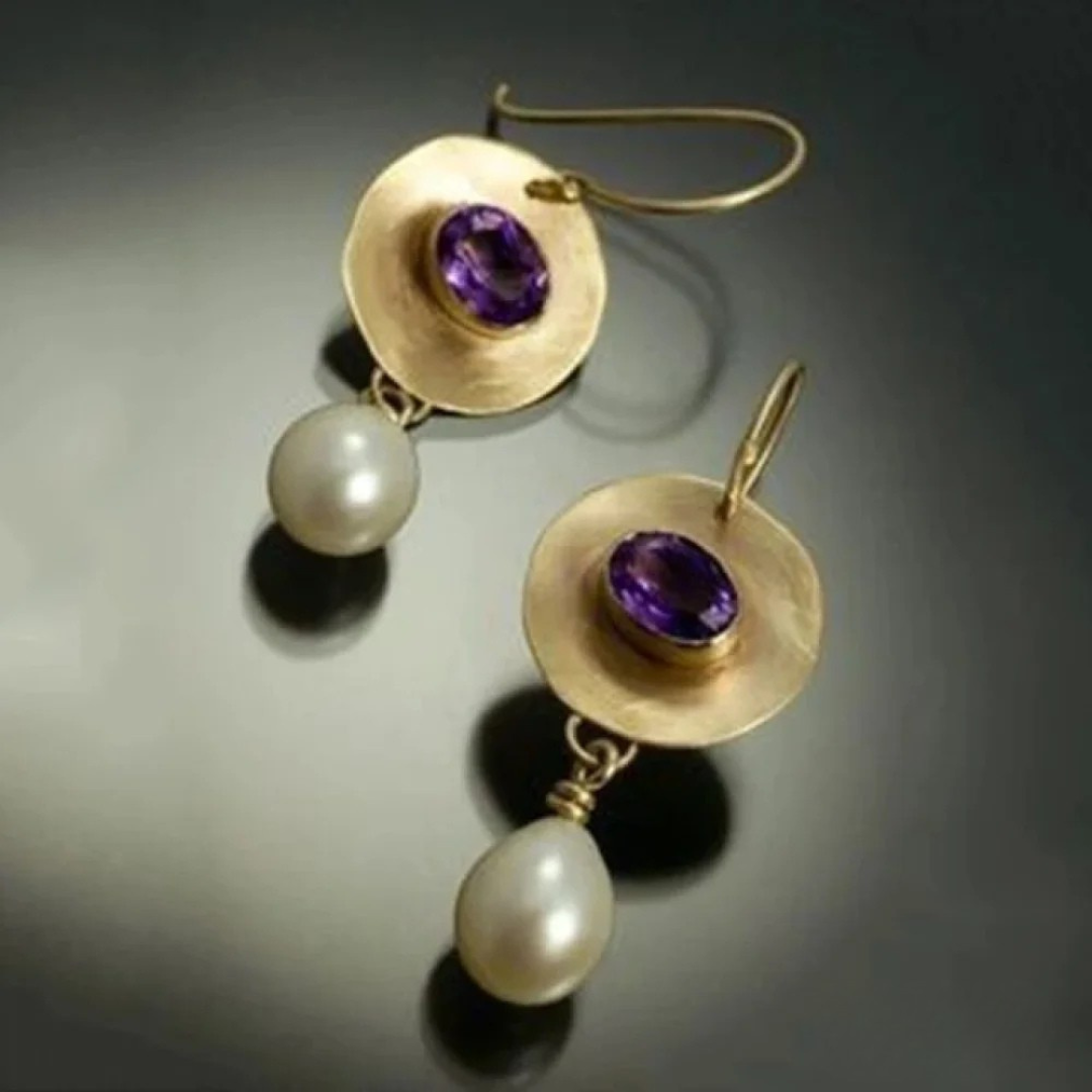Gold Purple Zirconia Pearl Earrings - LEESTIA