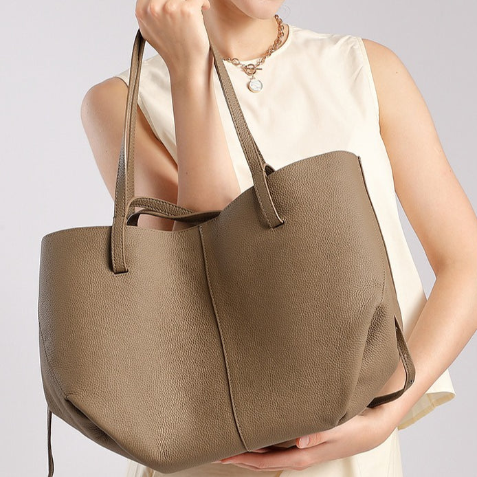 Elegant Genuine Pebbled Leather Tote Bag with Pouch