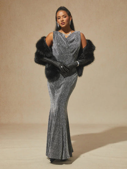 High-Stretch Velvet Sleeveless Midi Dress with Cowl Neck