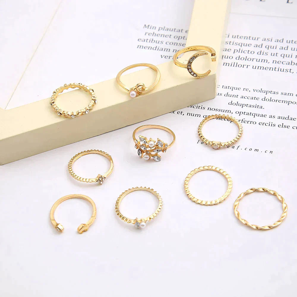 10-Piece Bohemian Ring Set in Silver and Gold - LEESTIA
