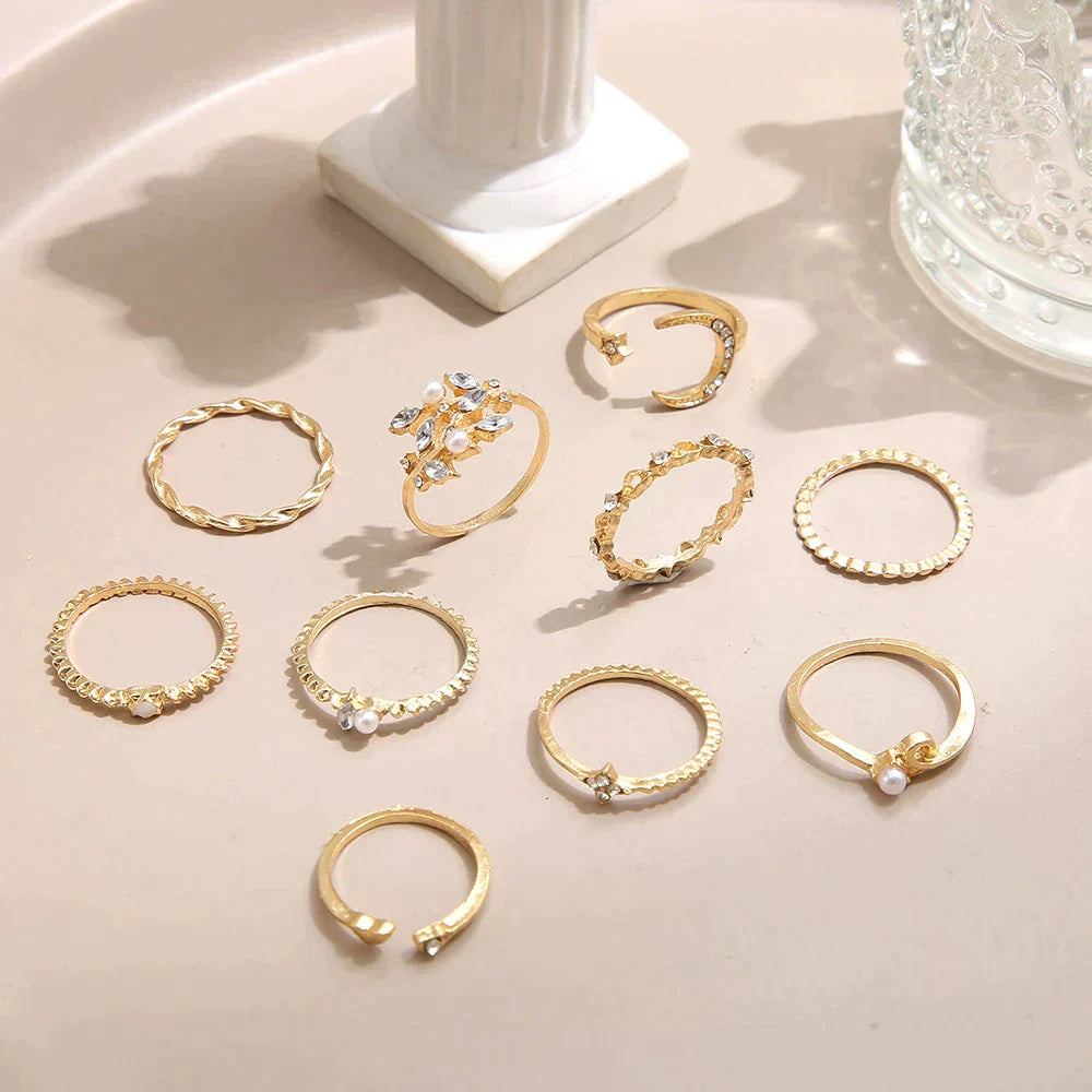 10-Piece Bohemian Ring Set in Silver and Gold - LEESTIA