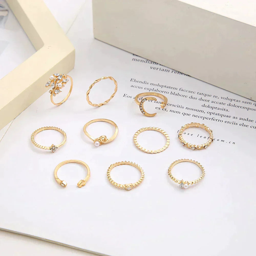 10-Piece Bohemian Ring Set in Silver and Gold - LEESTIA