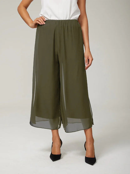 Cropped Length Straight Leg Pant With Chiffon Split Leg Overlay