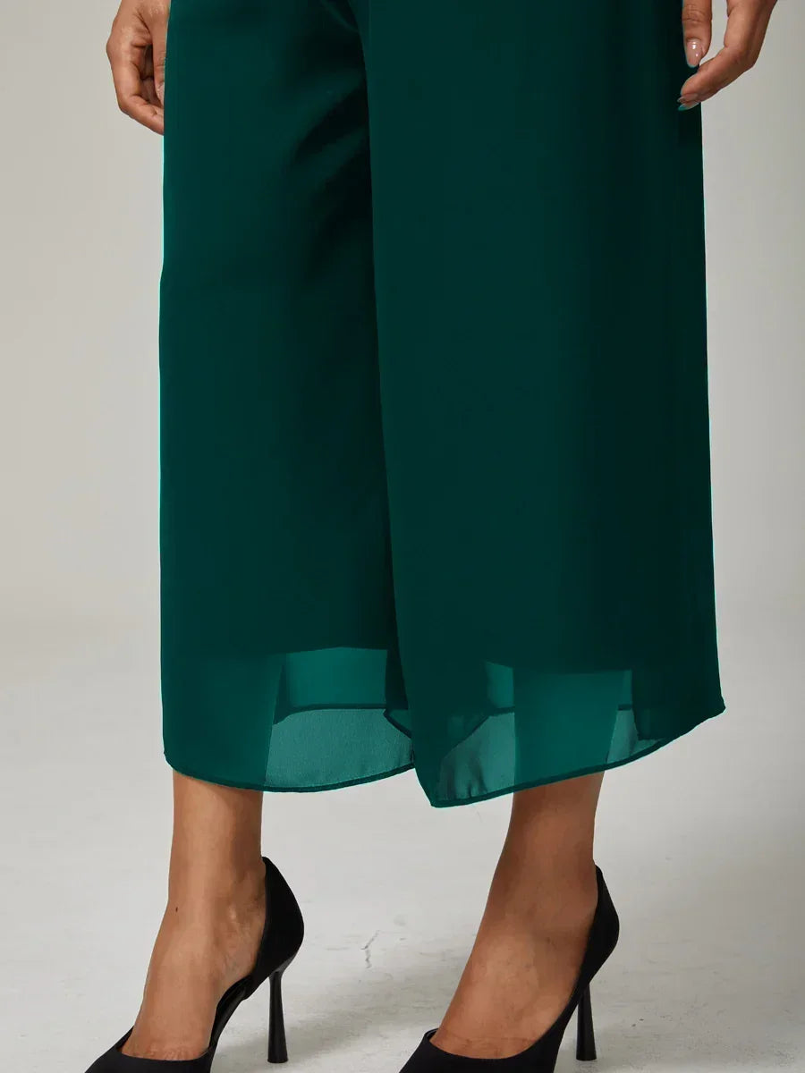 Cropped Length Straight Leg Pant With Chiffon Split Leg Overlay