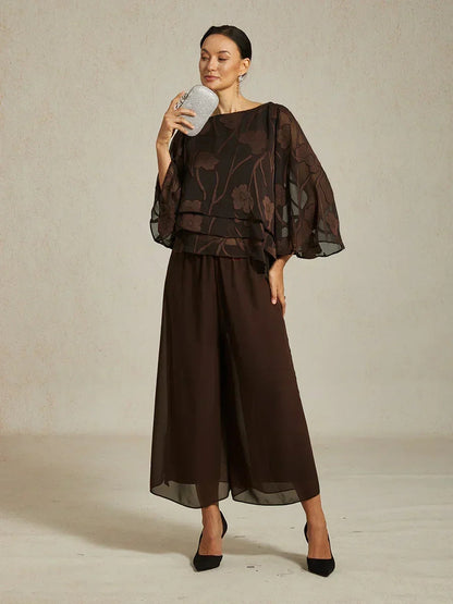 Cropped Length Straight Leg Pant With Chiffon Split Leg Overlay