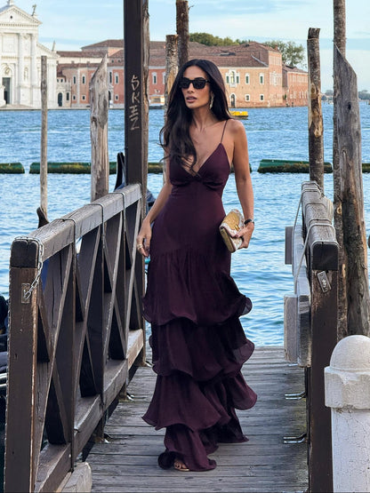 Elegant Burgundy Tiered Maxi Dress