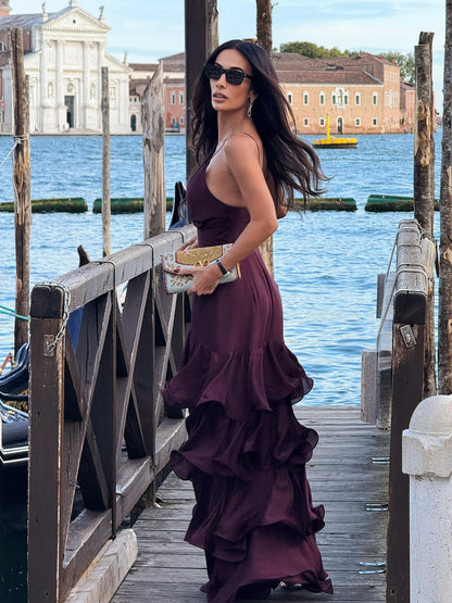 Elegant Burgundy Tiered Maxi Dress