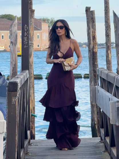 Elegant Burgundy Tiered Maxi Dress