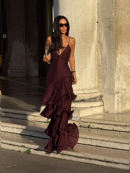 Elegant Burgundy Tiered Maxi Dress