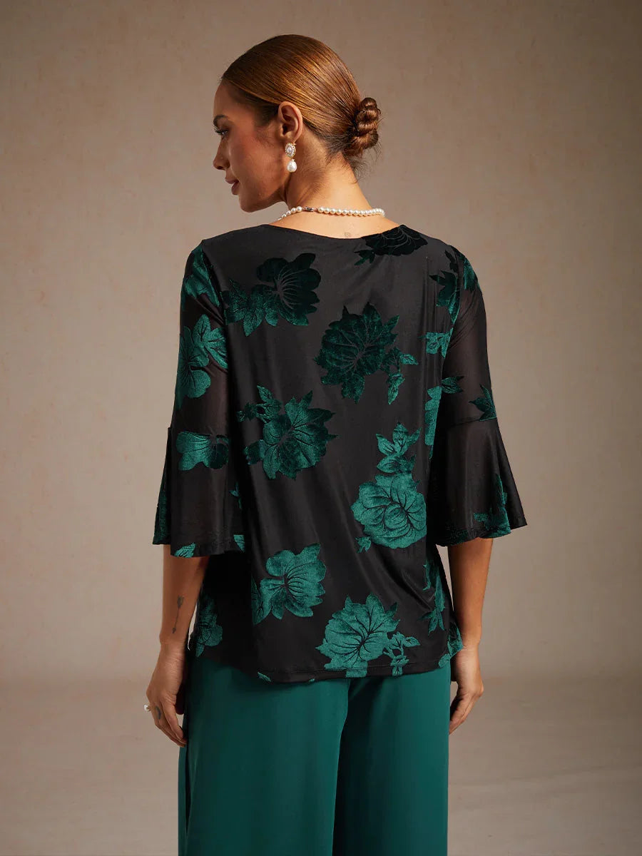 Dressy Floral Velvet Asymmetric Hem Blouse