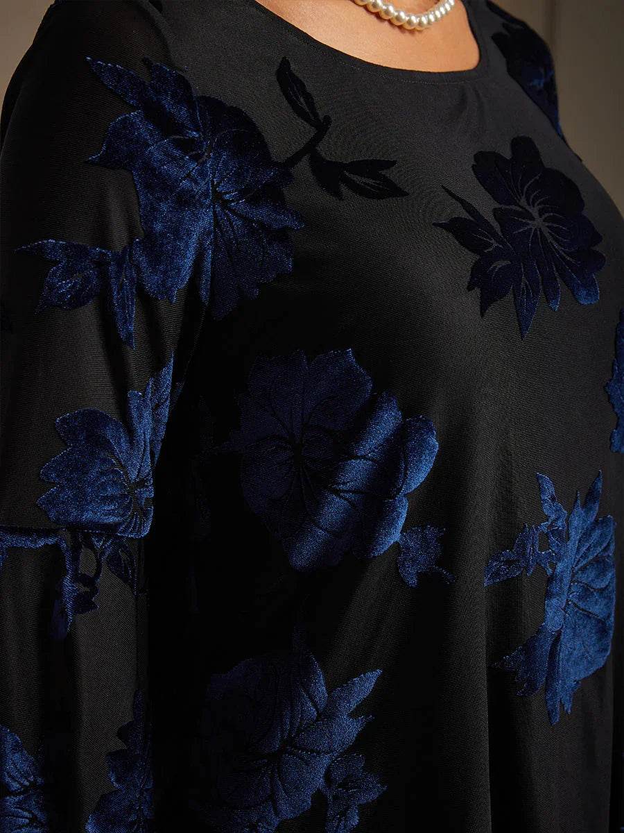 Dressy Floral Velvet Asymmetric Hem Blouse