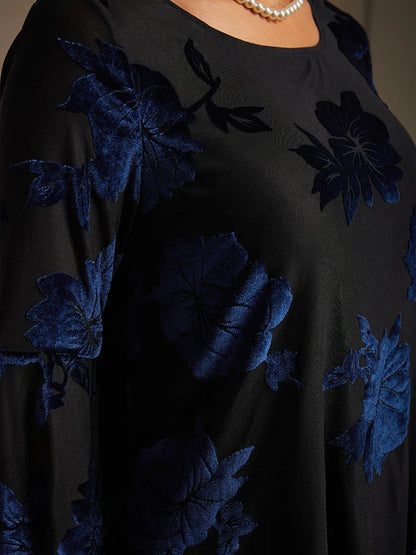 Dressy Floral Velvet Asymmetric Hem Blouse