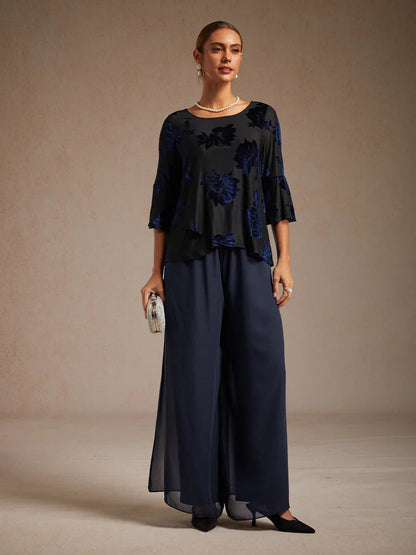 Dressy Floral Velvet Asymmetric Hem Blouse