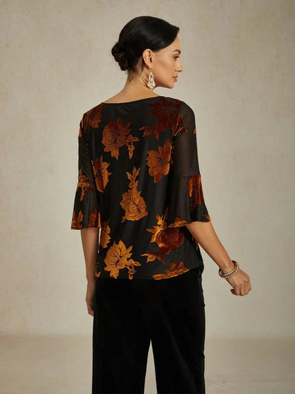 Dressy Floral Velvet Asymmetric Hem Blouse