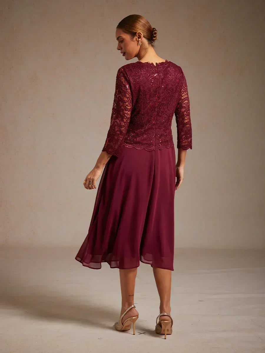 Elegant Lace and Chiffon Tea-Length Dress