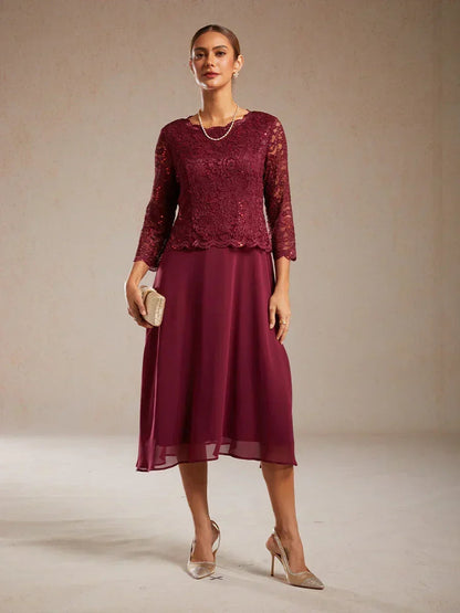 Elegant Lace and Chiffon Tea-Length Dress