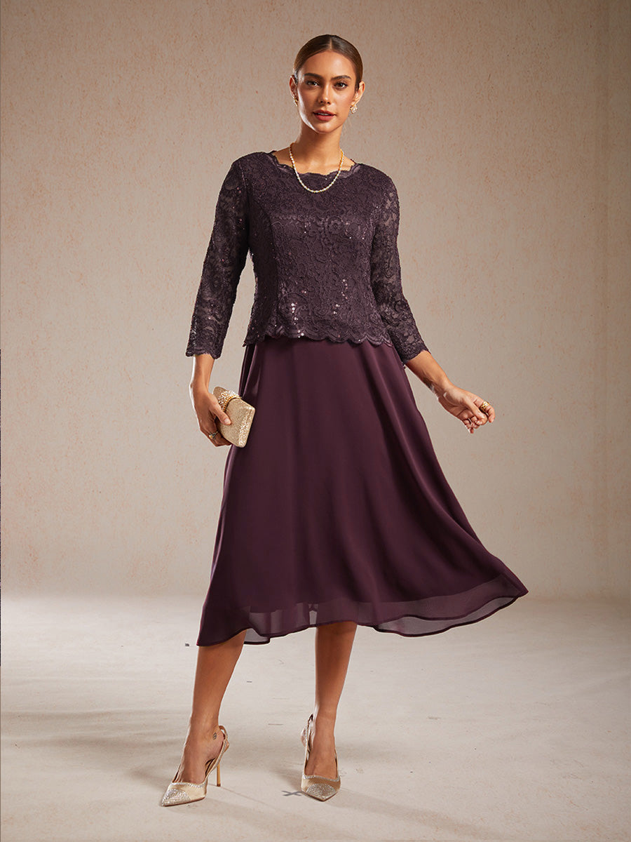 Elegant Lace and Chiffon Tea-Length Dress