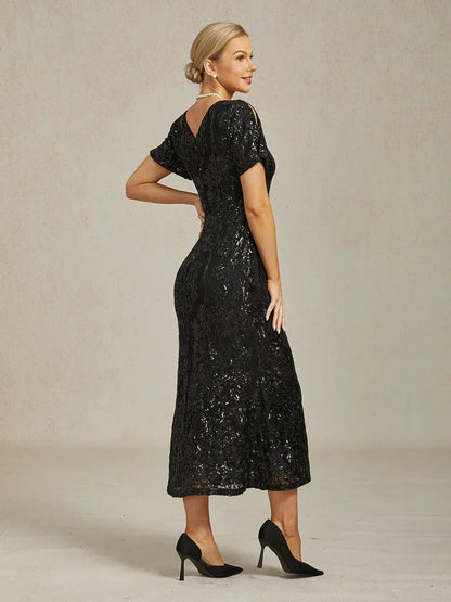 Elegant V-Neck Cold Shoulder Sequin Dress
