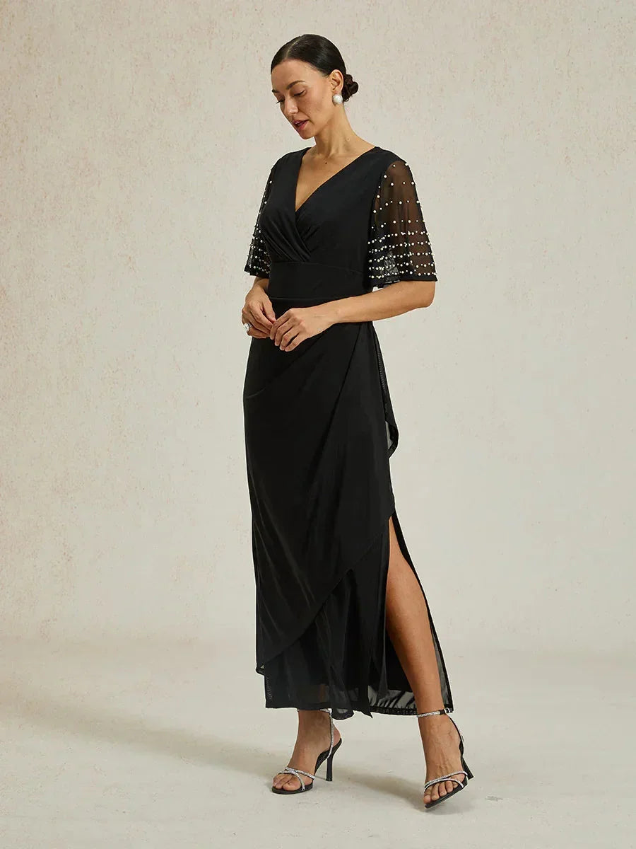 Elegant Formal Dress with Embellished Flutter Sleeves