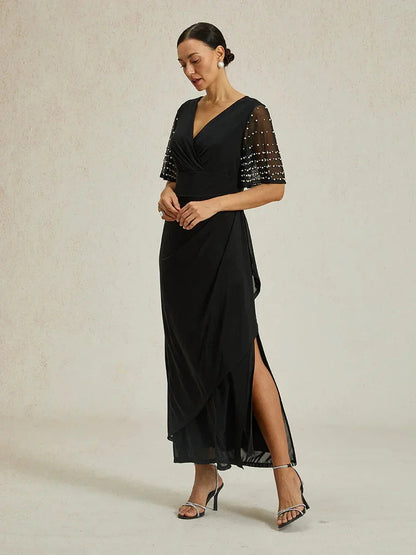 Elegant Formal Dress with Embellished Flutter Sleeves