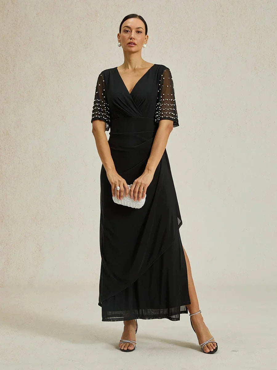 Elegant Formal Dress with Embellished Flutter Sleeves