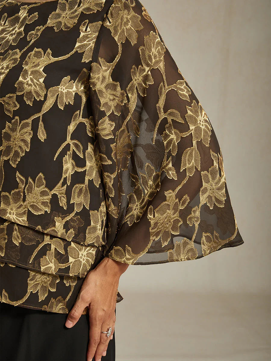 Floral Chiffon Boat Neck Blouse with A-Line Sleeves