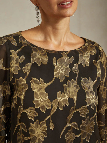 Floral Chiffon Boat Neck Blouse with A-Line Sleeves
