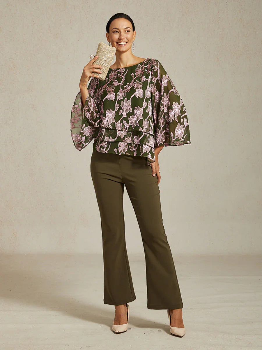 Floral Chiffon Boat Neck Blouse with A-Line Sleeves