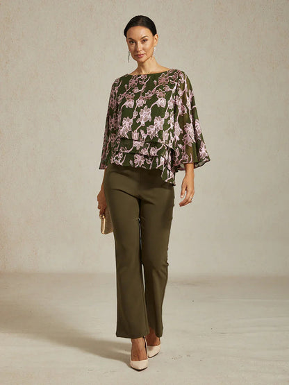 Floral Chiffon Boat Neck Blouse with A-Line Sleeves