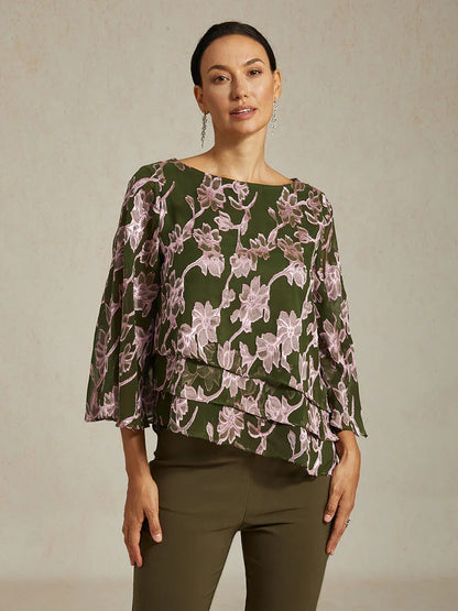Floral Chiffon Boat Neck Blouse with A-Line Sleeves
