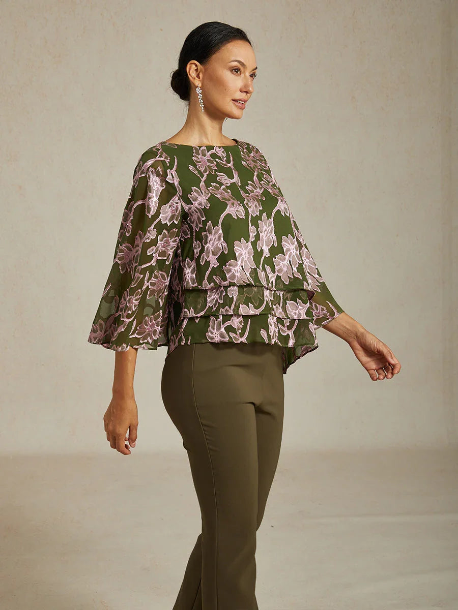 Floral Chiffon Boat Neck Blouse with A-Line Sleeves
