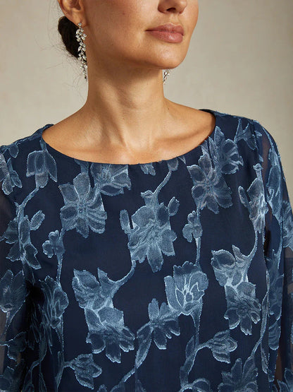 Floral Chiffon Boat Neck Blouse with A-Line Sleeves