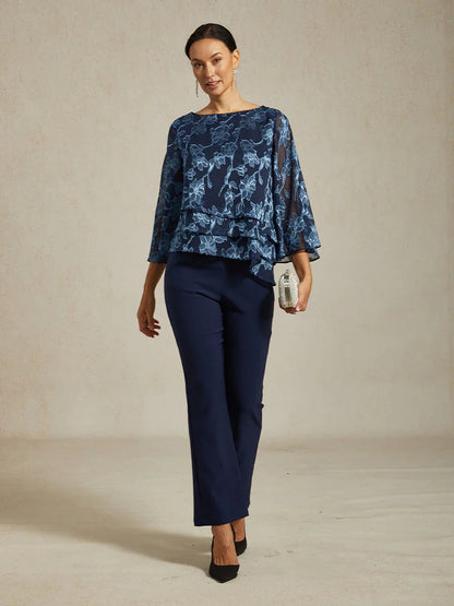 Floral Chiffon Boat Neck Blouse with A-Line Sleeves