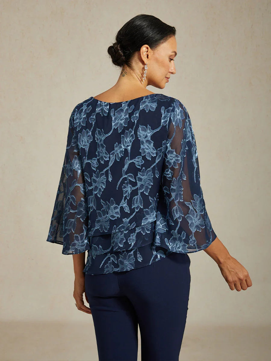 Floral Chiffon Boat Neck Blouse with A-Line Sleeves
