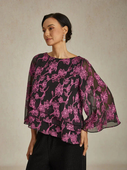 Floral Chiffon Boat Neck Blouse with A-Line Sleeves