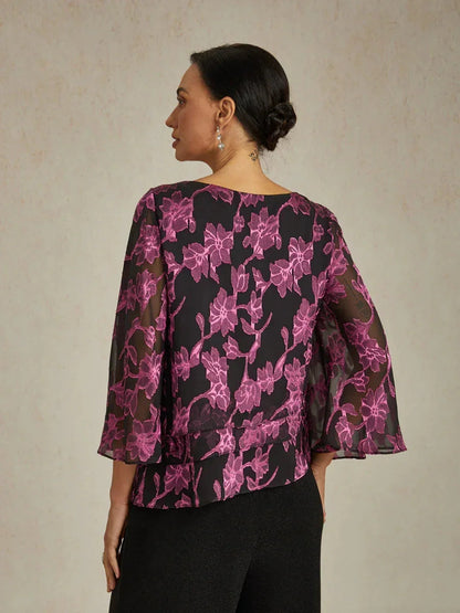 Floral Chiffon Boat Neck Blouse with A-Line Sleeves