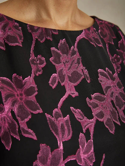 Floral Chiffon Boat Neck Blouse with A-Line Sleeves