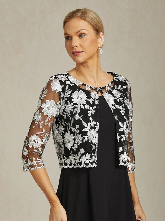 Floral Embroidered Lace Jacket With Scallop Detail