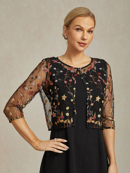 Floral Embroidered Lace Jacket with Rhinestone Clasp