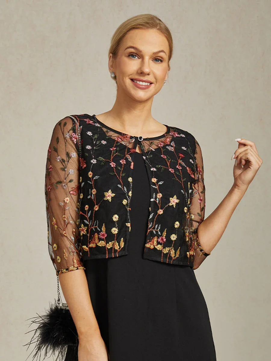 Floral Embroidered Lace Jacket with Rhinestone Clasp