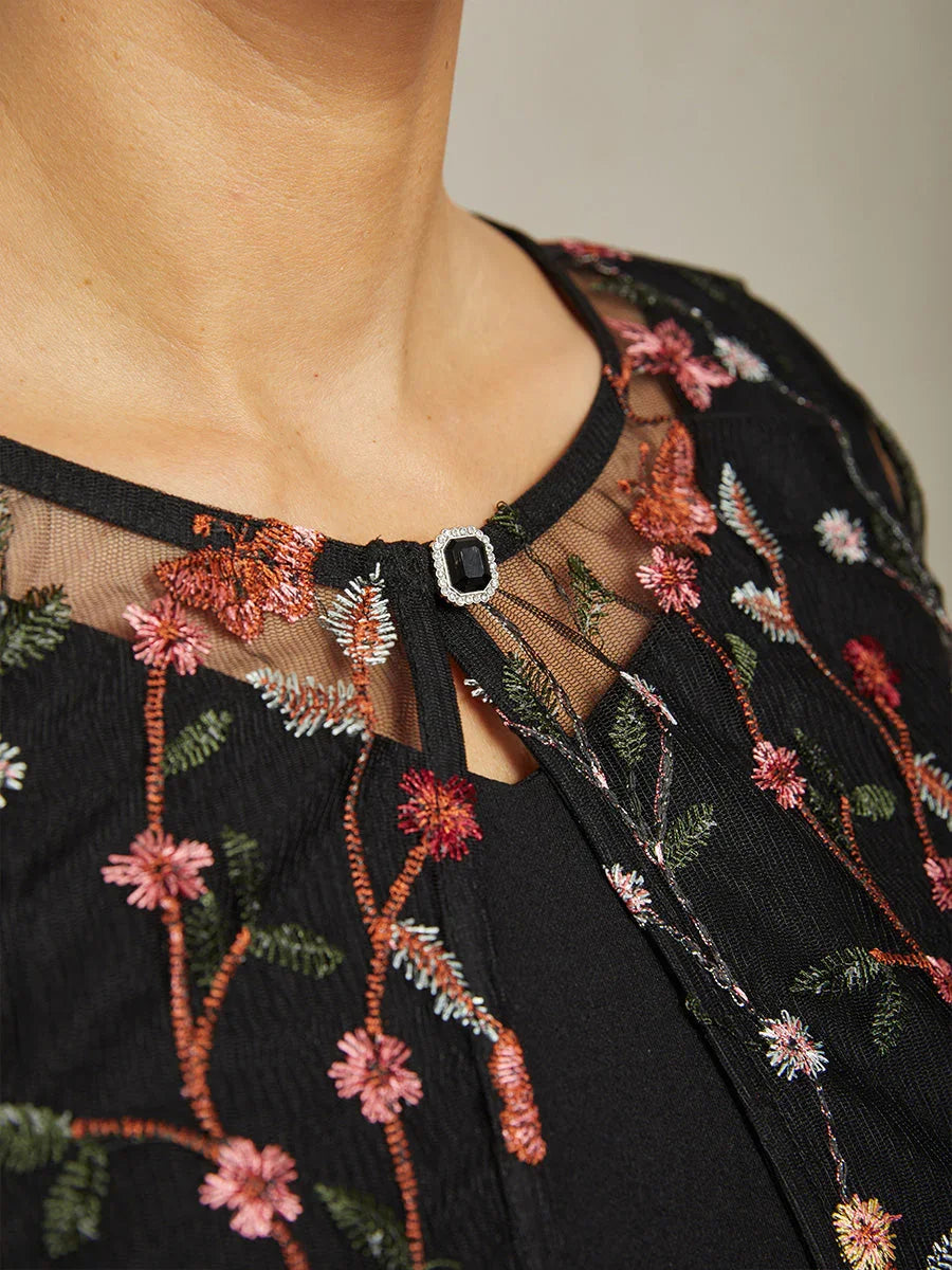 Floral Embroidered Lace Jacket with Rhinestone Clasp