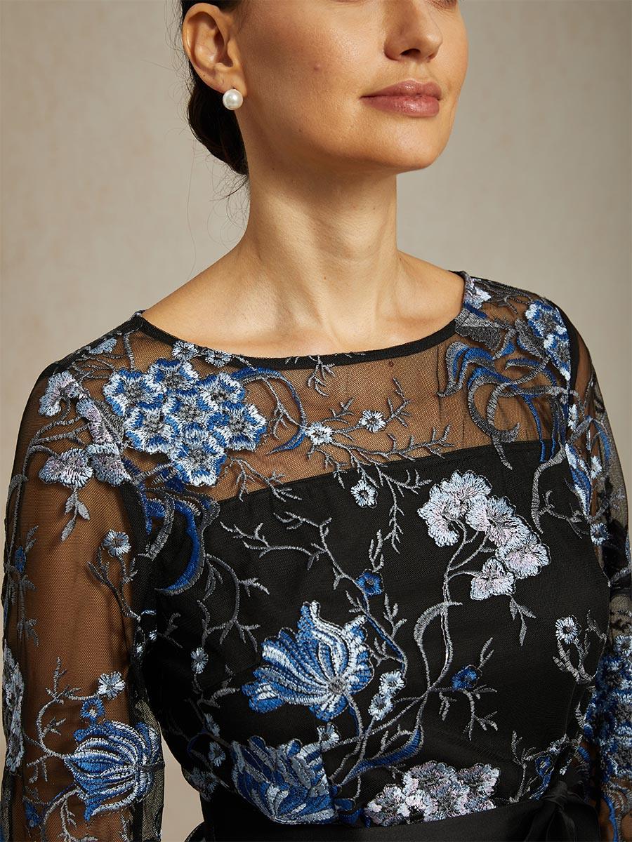 Floral Embroidered Blouse with 3/4 Bubble Sleeves & Illusion Neckline